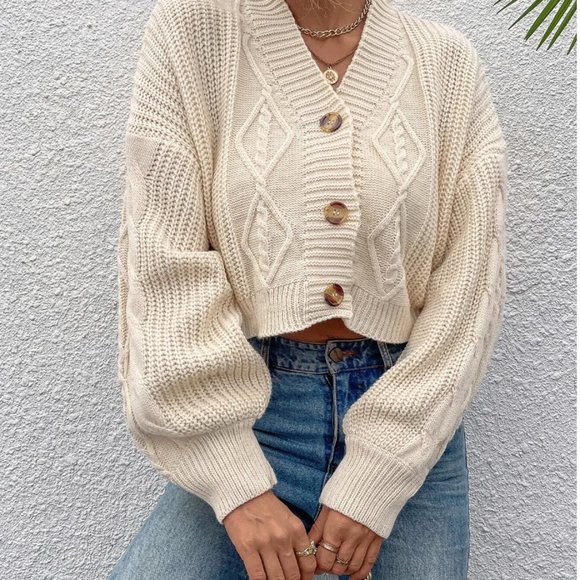 Sweaters - Cable Knit Drop Shoulder Button Front Cardigan